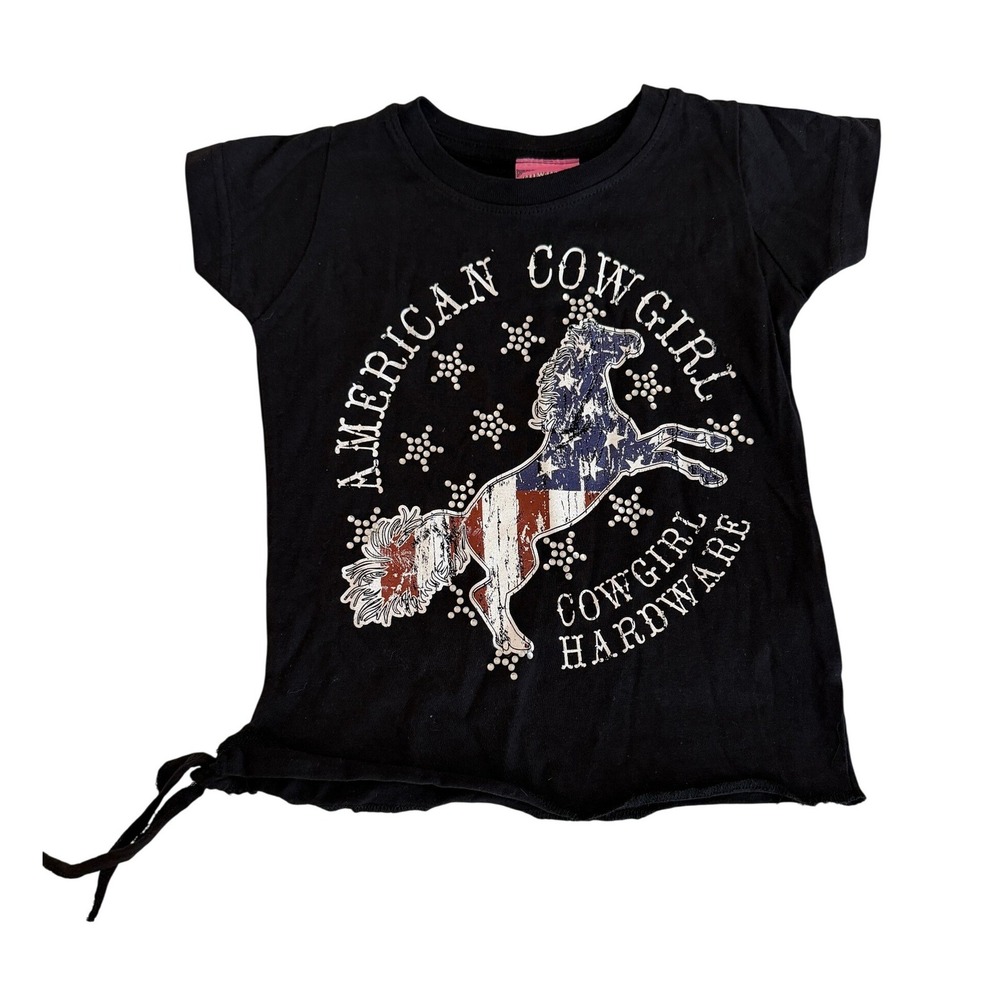 American Cowgirl Black Graphic Horse T-Shirt Rhinestone Side Tie Girls Sz 4